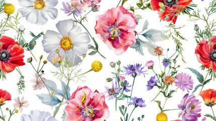 Seamless pattern with watercolor hand drawn gentle summer flowers. Stock illustration. Natural artwork.