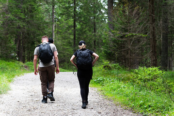 Group of friends walking on a mountain trail. Summer holidays in the company of friends, healthy lifestyle.