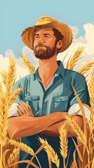 Farmer Standing in Golden Wheat Field Representing Agricultural Insurance and Risk Management in Farming