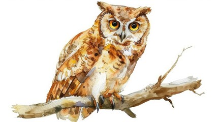 Cute watercolor owl with hand drawn details. Modern illustration.