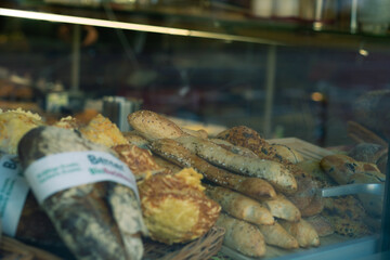 a display case with pastries