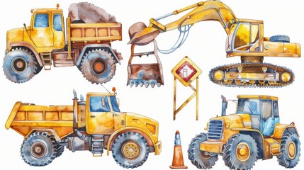 Hand drawn road sign and car on an isolated background. Tractor, lorry, and crane illustration for wall stickers.