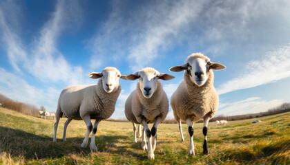Three curious sheep stand in a open green field
