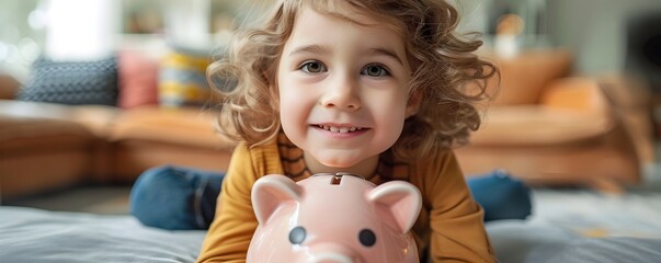 Obraz premium Cheerful Girl Saving Allowance in Piggy Bank Early Lessons in Asset Accumulation and Financial Responsibility