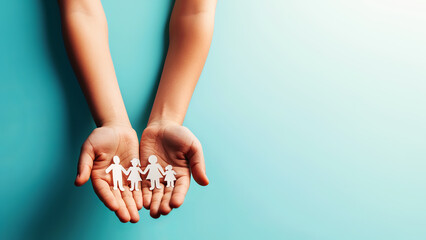 A paper cutout family on two hands against a teal background, symbolizing family care and protection. Generative AI