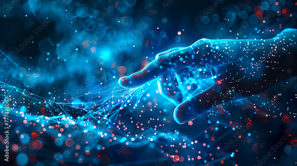 Poster a hand with digital network connections and particles, in a photorealistic style, on a dark blue bok