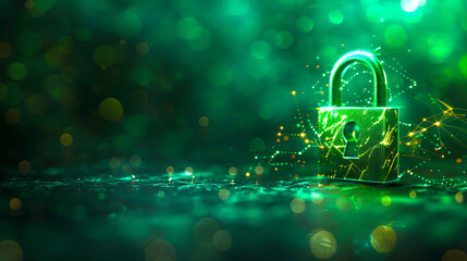 A glowing digital lock symbol on a green bokeh background, illustrating cybersecurity concept. Generative AI