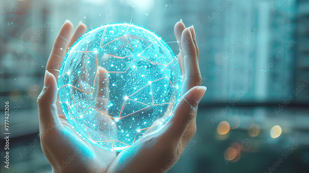 Poster hands holding a glowing digital sphere on a blurry cityscape background, representing a concept of t