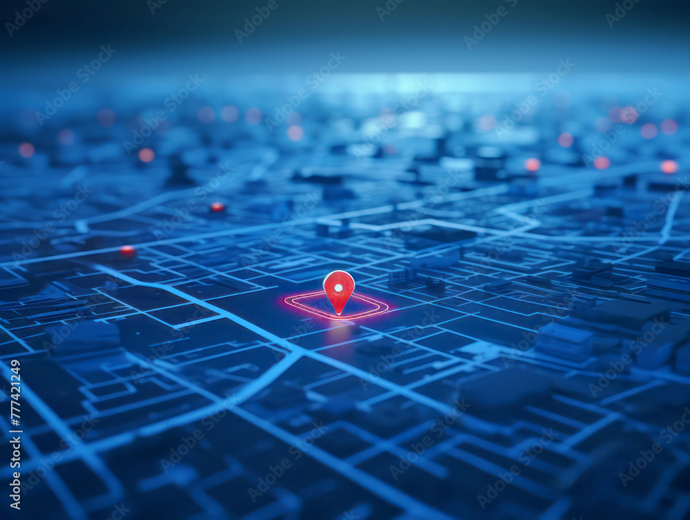 Aufkleber Digital map with a glowing red pin, highlighting a location on a dark blue stylized grid background, symbolizing navigation concept. Generative AI
