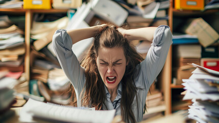 A woman overloaded with work in her office with a lot of papers all around her