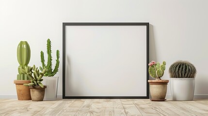 A mockup of a vertical rectangular frame in a Scandinavian style interior, surrounded by a variety of potted cacti and succulents on a light wooden floor. Generative AI