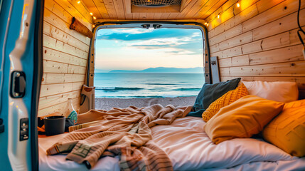 A van is parked on the beach with a bed inside