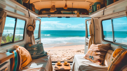 A van with two beds and a table on the beach