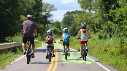 A family of four is riding bicycles down a road passing good moments