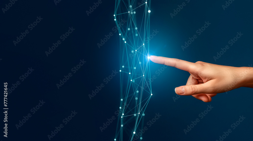 Poster a hand interacts with glowing digital connections on a blue background, symbolizing technology and c