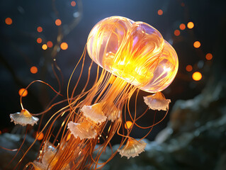 A glowing orange jellyfish with trailing tentacles against a dark, bokeh background, depicting a concept of underwater beauty. Generative AI - Powered by Adobe