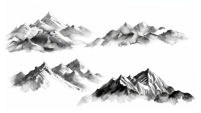 Traditional Japanese ink wash painting sumi-e depicting a set of mountains drawn with ink.