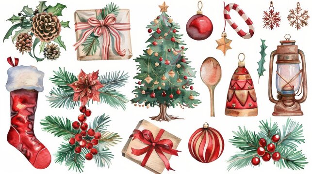 The Christmas watercolor decoration clip art, the ornament clip art, the holiday essentials, the Christmas tree decoration, digital Christmas stickers, the nutcracker, socks, the handmade toy, the