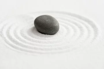 Fotobehang Zen Garden with Grey Stone on White Sand Line Texture Background, Top View Black Rock Sea Stone on Sand Wave Parallel Lines Pattern in Japanese stye, Simplicity Day, Meditation,Zen like concept © Anchalee