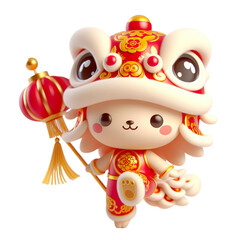 Obraz premium Cute character 3D image concept art of a cute lion dancing. Lunar new year Red and yellow color scheme, minimalist white background isolated PNG