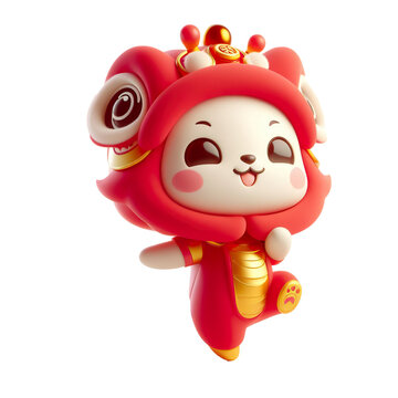 Cute character 3D image concept art of a cute lion dancing. Lunar new year Red and yellow color scheme, minimalist white background isolated PNG