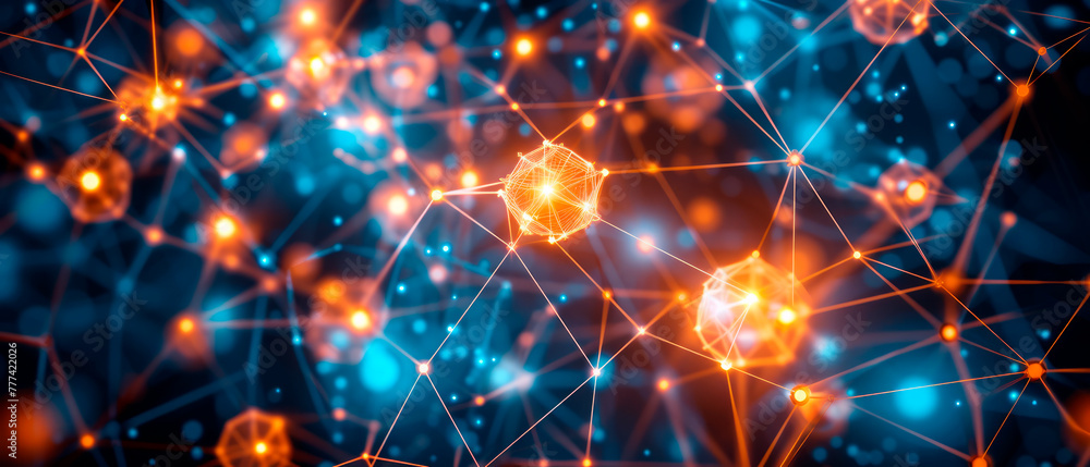 Aufkleber abstract network of glowing nodes and lines, digital, on a blue bokeh background, concept of connect
