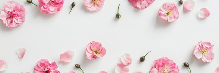 Flowers composition. Pink flowers on white background. Flat lay, top view