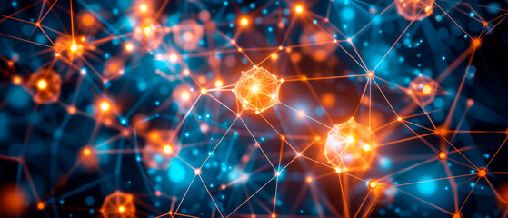 Abstract network of glowing nodes and lines, digital, on a blue bokeh background, concept of connectivity. Generative AI