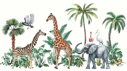 Fototapeta premium A beautiful tropical vintage illustration clip art background with japanese cranes, elephants, giraffes, and a heron. Isolated on white.