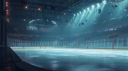 a digital painting showcasing the beauty of an unoccupied ice hockey venue with focused lighting...