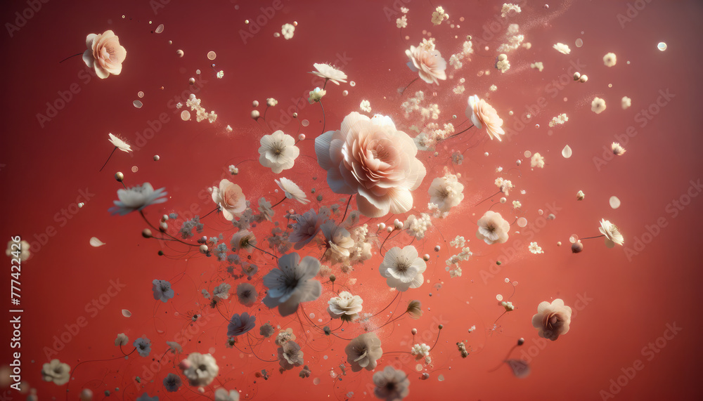 Poster floating flowers and petals in a surreal display against a red backdrop. dreamlike floral compositio