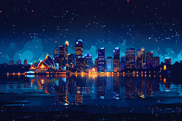 Night Time Skyline of Sydney Vector Panoramic, Abstract Poster Wallpaper - obrazy, fototapety, plakaty