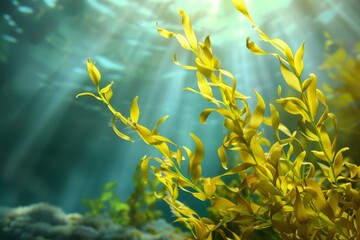 Fototapeta na wymiar KSseaweed with yellow leaves in an underwater environmen