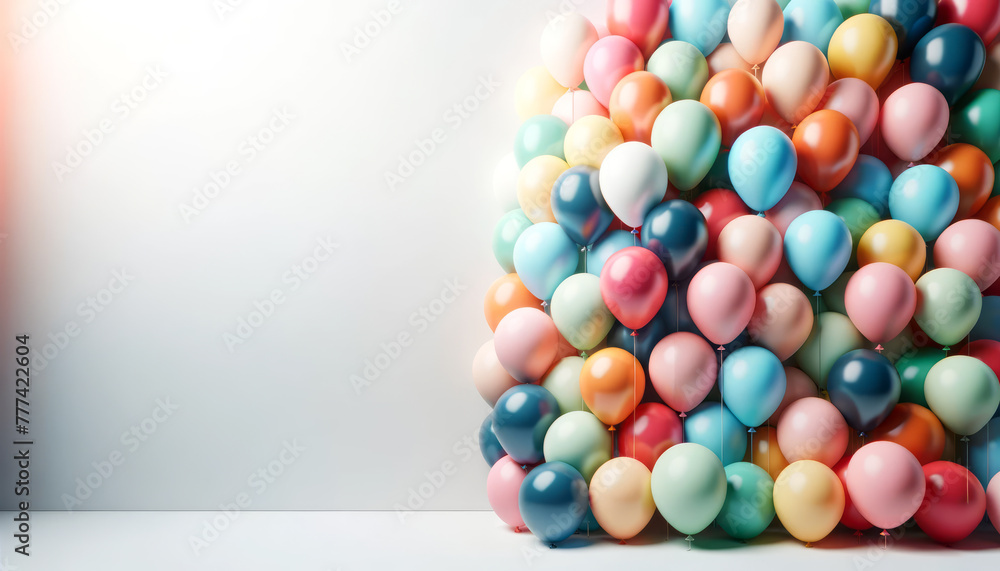 Poster cluster of colorful balloons against a muted backdrop, evoking happiness and celebration. generative