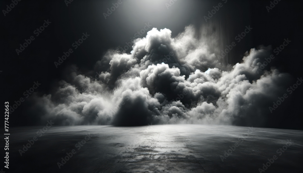 Poster billowing smoke clouds in dramatic light on dark concrete floor. abstract and nature concept. genera