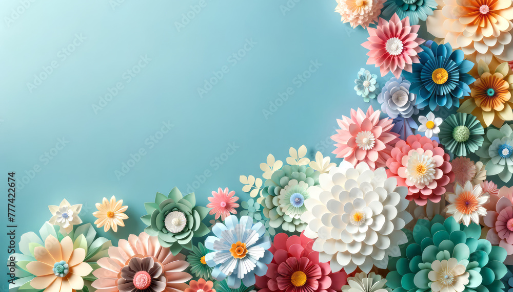 Poster exquisite paper flower corner arrangement on a serene turquoise backdrop. creativity and design conc