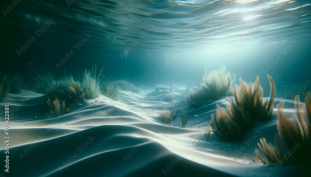Poster underwater view of sandy sea bottom with aquatic plants. tranquil and serene. generative ai