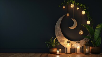 close up view of 3D Crescent Moon Decorated With lights Lit Flower Garlands, Lit Candles, Lanterns, Potted Plants On Large Table For Islamic Festival Concept. Ai is generated