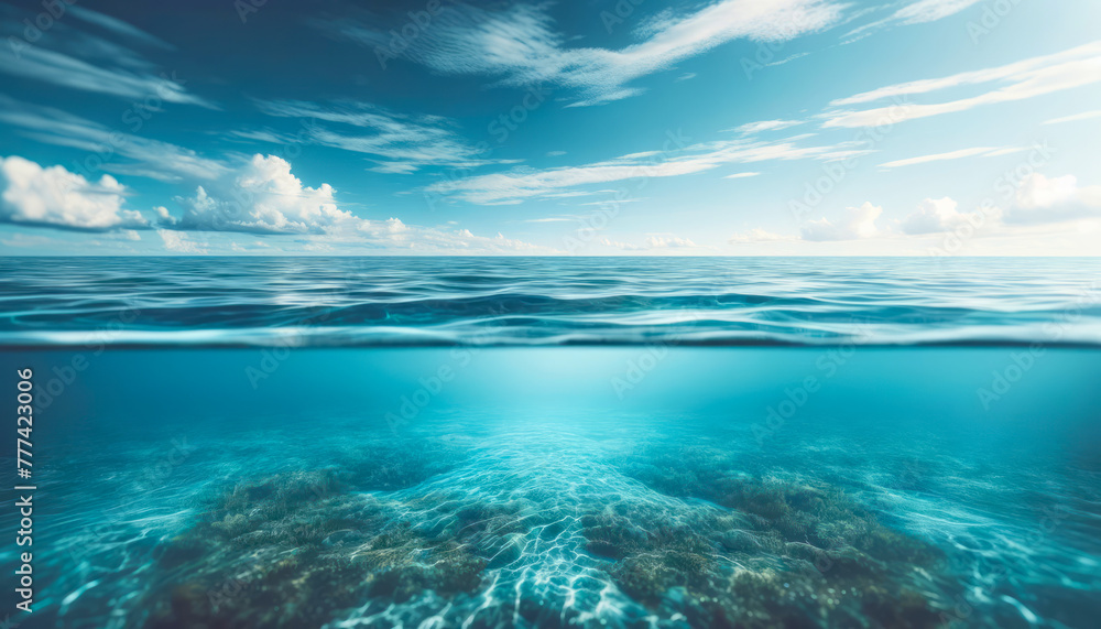 Poster clear blue ocean from underwater looking towards the water surface and sky. exploration concept. gen