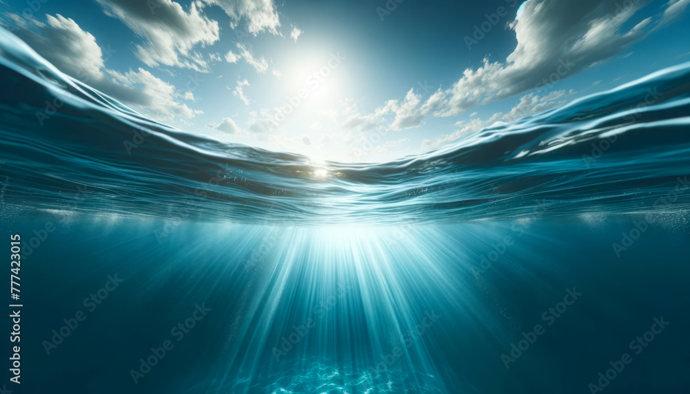 Poster Underwater perspective of ocean waves with sunlight streaming through. Oceanic depth concept. Generative AI