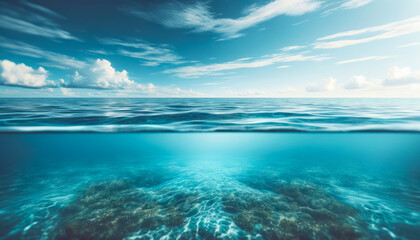 Clear blue ocean from underwater looking towards the water surface and sky. Exploration concept....
