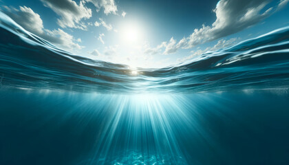 Underwater perspective of ocean waves with sunlight streaming through. Oceanic depth concept....