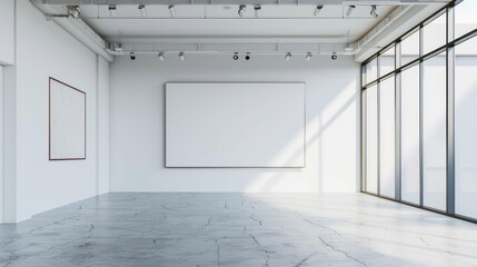 empty white wall for poster or picture frame, spacious sunlit office with modern environment background. 3D rendering.Ai generated