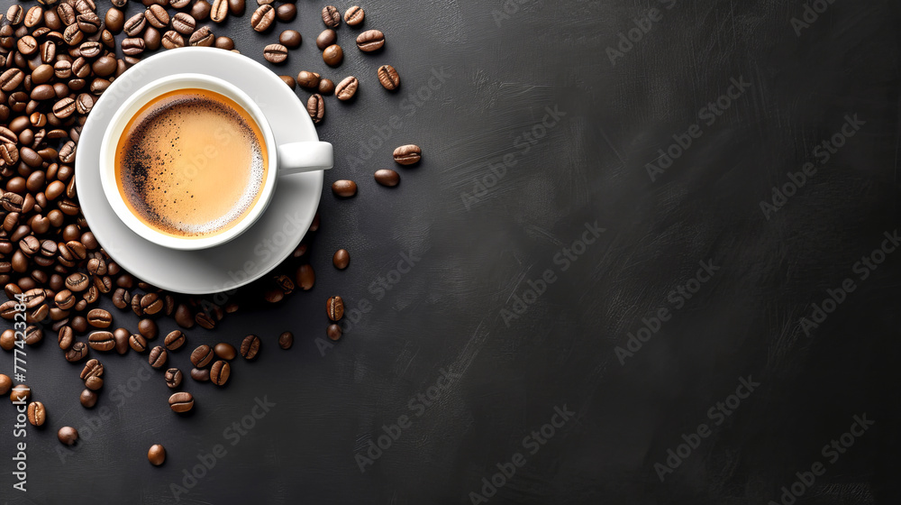 Poster Espresso in a classic white cup on a textured dark background with coffee beans. Elegant simplicity. Generative AI