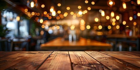 Modern cozy restaurant with lights, blurred background with wooden table for product and text placement. - obrazy, fototapety, plakaty