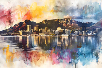 Fototapeta premium Watercolor painting Cape Town skyline at sunset in blue, orange, purple, and yellow. Abstract colourful art. City in South Africa.