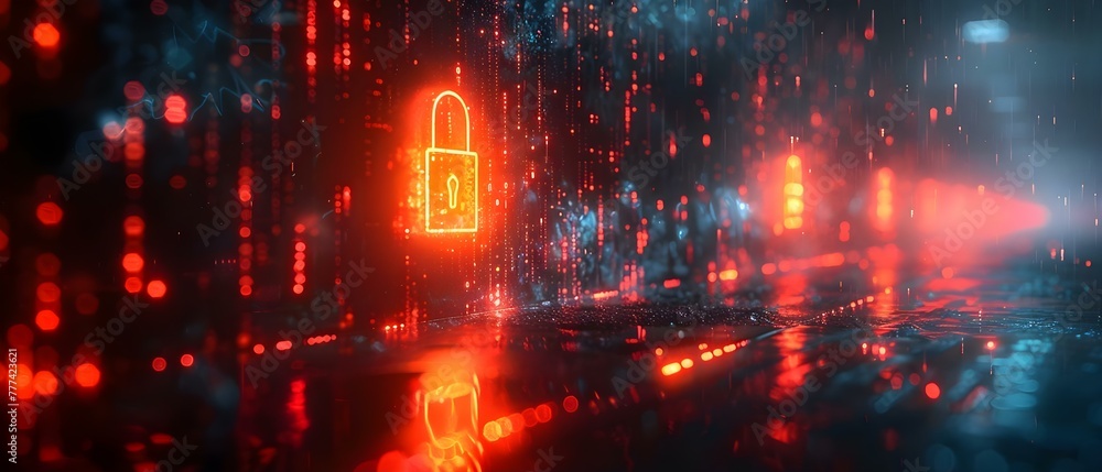 Poster data breach cybersecurity incident with digital data compromised from secure vault. concept data bre