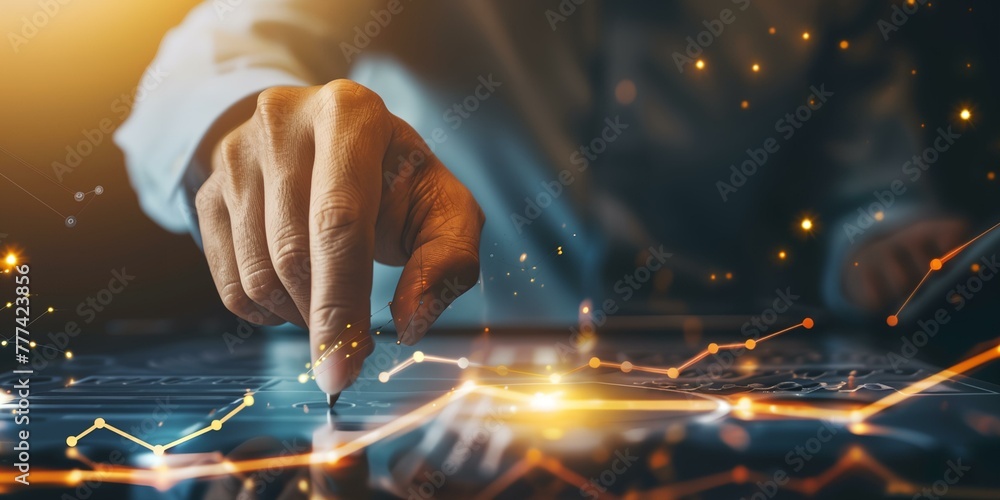 Poster a man is pointing at a graph on a computer screen