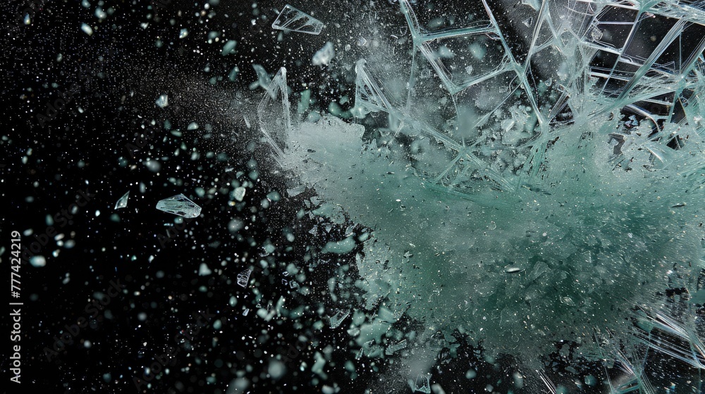Poster a close-up of a glass surface that has been shattered into fine, almost dust-like pieces, creating a