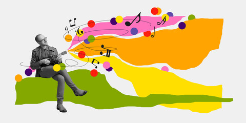 Dreamy man, musician playing ukulele guitar on white background with abstract colorful elements....